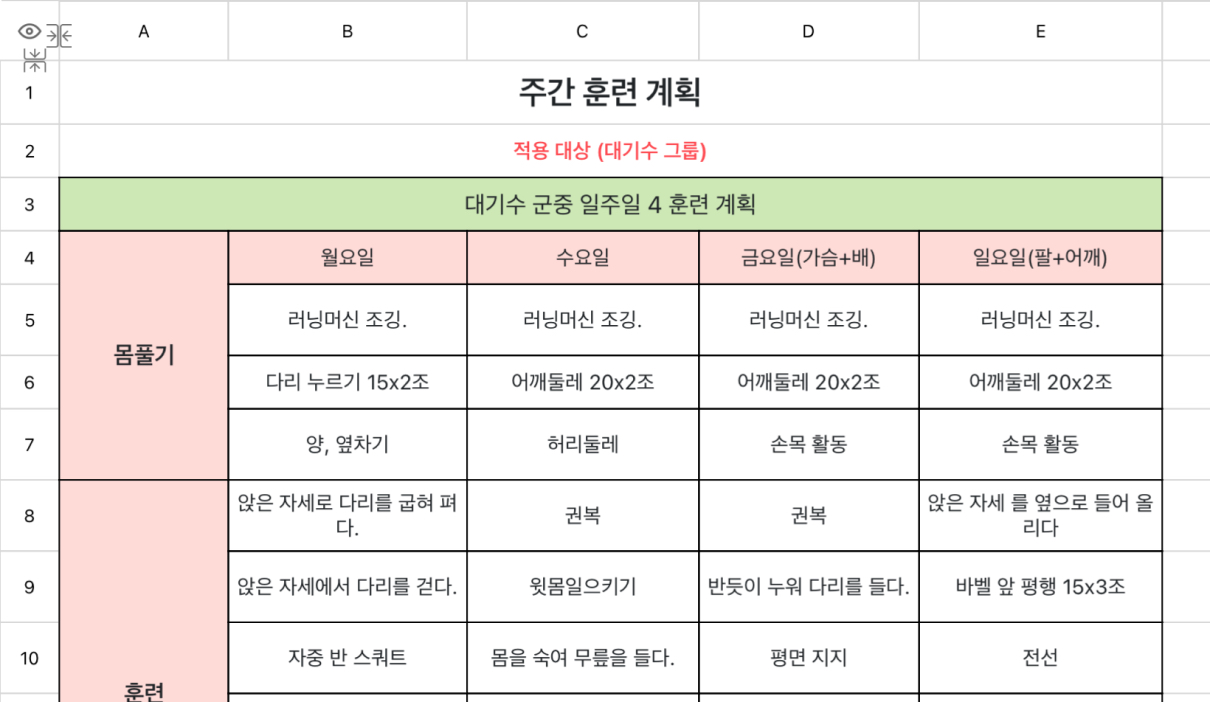 주간 훈련 계획 (대기수)